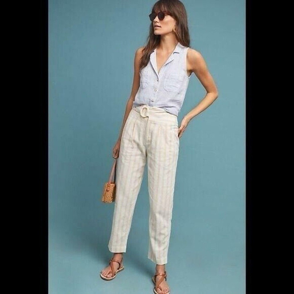 Anthropologie Tapered Pants Belted Striped Linen Blend Size 10 Ivory/Peach Women